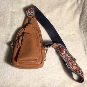 Antik Kraft Tan Leather Crossbody Bag with Colorful Strap
